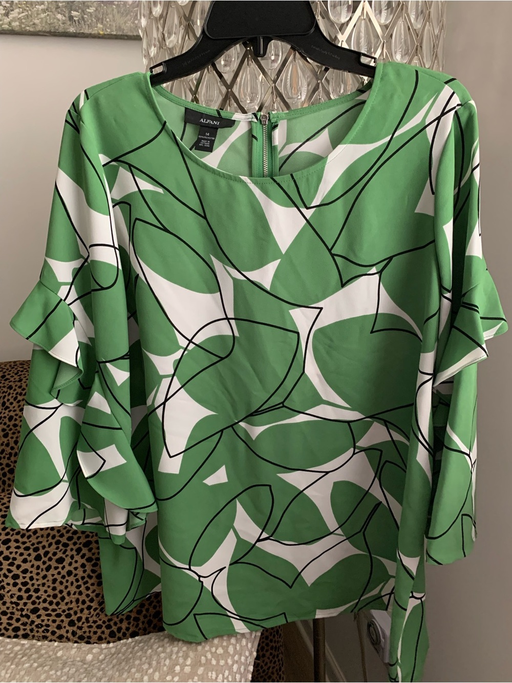 Alfani Green & White Abstract Print Ruffle-Sleeve Blouse